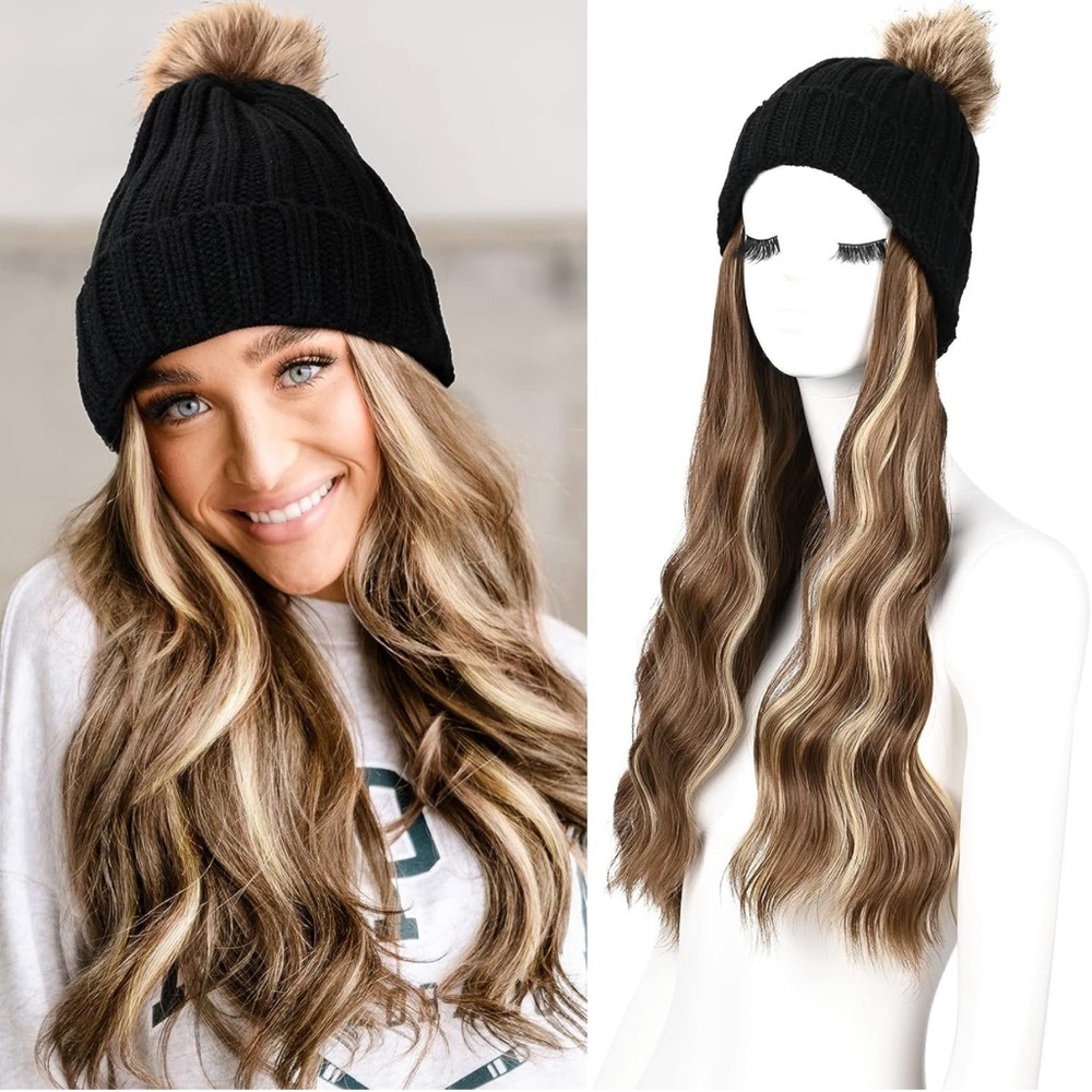 HOOJIH Beanie Hair Extension Wavy Curly Wig 18” Hairpiece Lt Brn Med Golden Blnd